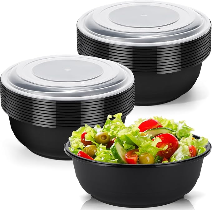 20 Pack 135 oz Large Plastic Serving Bowls with Lids Round Extra Large Disposable Salad Bowls Containers Chip Candy Dish for Salads and Snacks Party Picnic Buffet Eating(Black) by Newtay