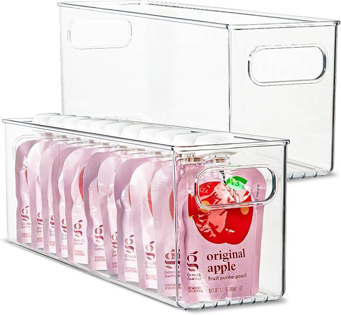 Plastic Food Storage 2 Pack Clear Container Bin with Handles for Organizing Kitchen, Pantry, Refrigerator, Freezer, Pantry, Cabinet, Closet, Bathroom. 16”x4”x5” by primebox