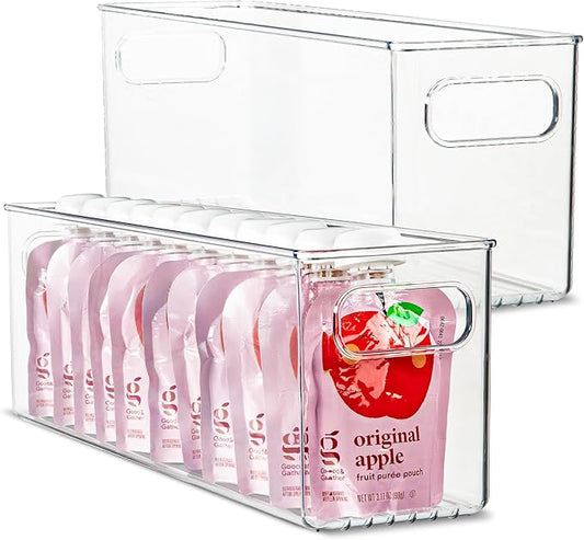 Plastic Food Storage 2 Pack Clear Container Bin with Handles for Organizing Kitchen, Pantry, Refrigerator, Freezer, Pantry, Cabinet, Closet, Bathroom. 16”x4”x5” by primebox