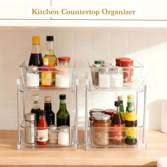 4 Pack Bathroom Organizers and Storage, 2-Tier Clear Under Sink Organizer, Vanity Counter Storage, Medicine Cabinet Organization, Pull-Out Cabinet Organizer With Track For Bathroom, Kitchen, Pantry - Image 6