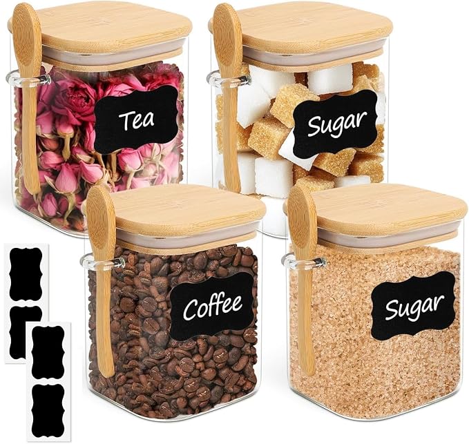 ComSaf Glass Container with Spoon & Lid 0.8 Qt, 4 Pack Glass jar with spoon | Coffee and Sugar Container Set, Coffee Bar, Salt Jar, Bamboo Lid with Silicone Seal, 27oz Canister, Spice,Seasoning, BPA Free by ComSaf