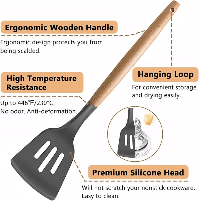Silicone Cooking Utensils Set 5-Piece Non-Stick Kitchen Utensil Set, Wood Handle Heat Resistant Spatula Spoon Turner Soup Ladle Silicone Cooking Kitchen Gadgets BPA Free for Nonstick Cookware - Image 2