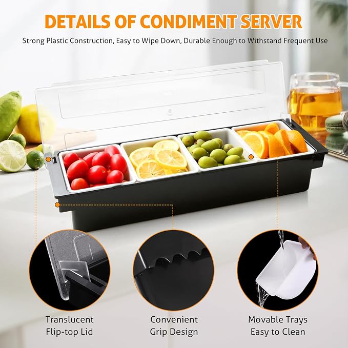 WICHEMI Ice Chilled Condiment Caddy with 4 Removable Trays and Lid, 2 Pack | Condiment Container, Taco Bar Serving Tray, Fruit & Garnish Trays Serving Platter for Salad, Party Supplies & Bar Accessories - Image 2
