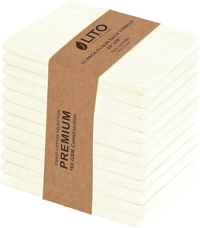 LITO LINEN AND TOWEL Flour Sack Towels – 100% Cotton, 28x28 Inches, Highly Absorbent, Embroidery-Ready Tea Towels for Kitchen & Crafts, Farmhouse Decor, Pack of 12 Natural by LITOLinenandTowel