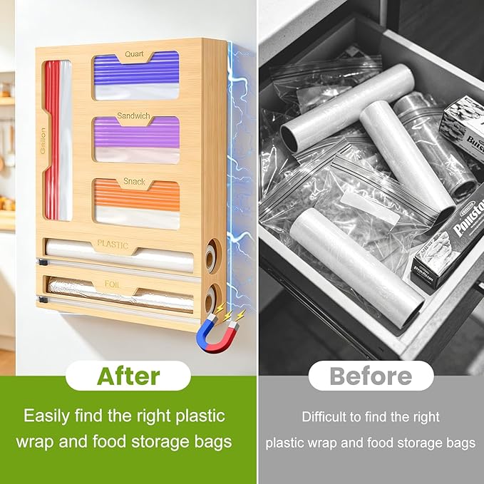 6-in-1 Magnetic Food Bag Storage Organizer for Drawer and Refrigerator, Bamboo Bag Organizer and Plastic Wrap Dispenser with Cutter, Fits Gallon, Quart, Sandwich, Snack Bags - Image 5
