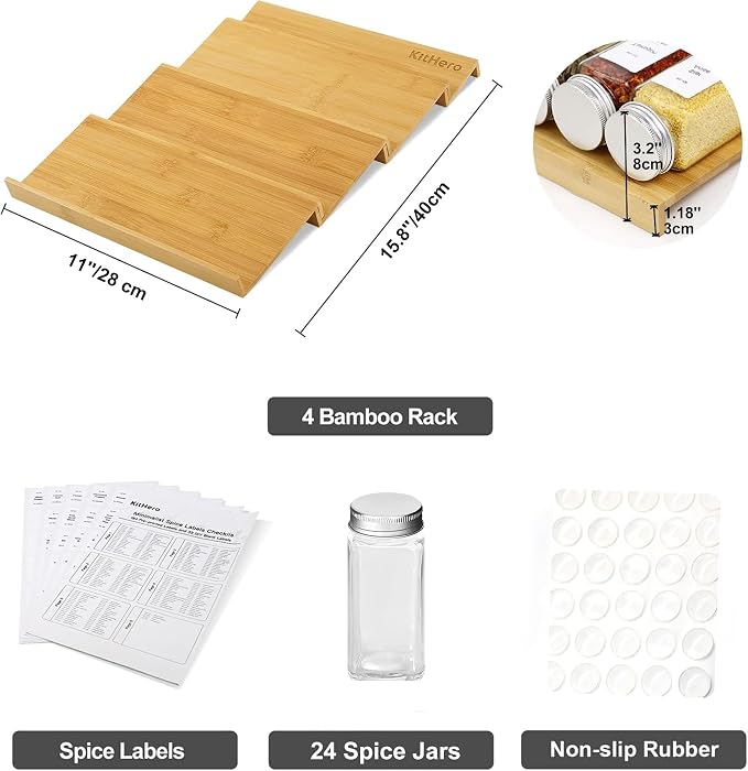 Spice Drawer Organizer with 24 Spice Jars,216 Labels,25 Non-slip Rubber, Bamboo 4 Tier Seasoning Rack Tray Insert for Kitchen Drawers,Cabinets,Countertop,11" Wide x 15.8" Deep - Image 3