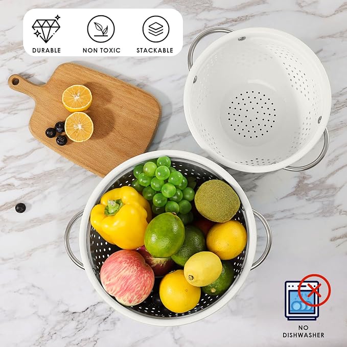 Powder Coated Steel Colanders: 3 Quart and 5 Quart Set of 2 - White | metal Pasta&Vegetable Strainer，Ergonomic Side Handles，Space-Saving Nesting Design - Image 3