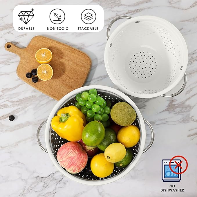 Stainless Steel Colander Set for Kitchen,1.5,3 & 5 Qt,White | metal Pasta&Vegetable Strainer，Ergonomic Side Handles，Space-Saving Nesting Design - Image 6