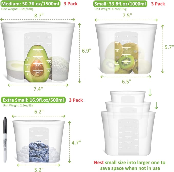 100% Silicone Reusable Storage Bag, 9 Pack Stand-Up Wide-Mouth Zip-Lock Food Storage Bags, Easy-Fill Easy-Open Easy-Clean Space-Saving, Microwave & Dishwasher Safe, 3 M/3 S/3 XS, Translucent - Image 3