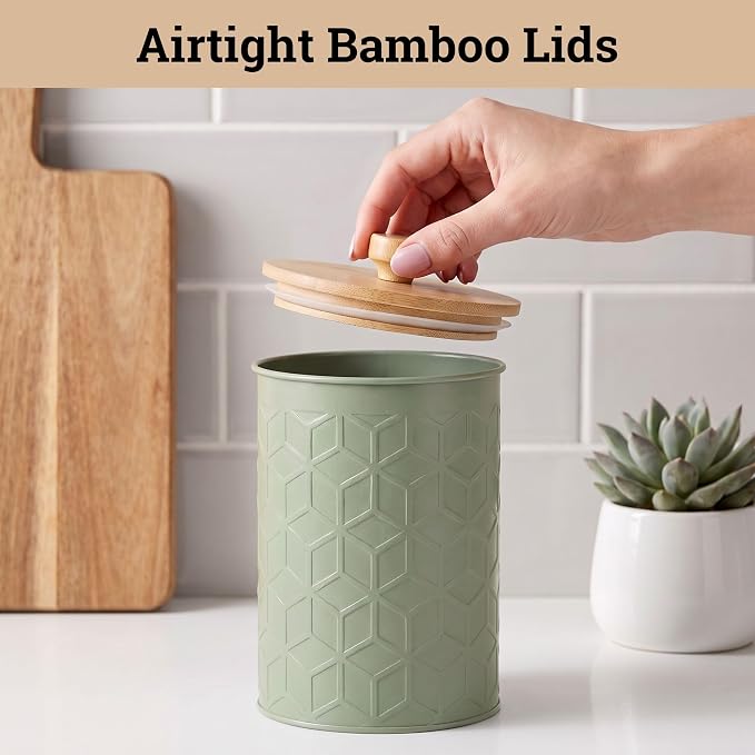Kitchen Canisters for Countertop Set of 4, Textured Iron w/ Airtight Lids | Airtight Easy Open Bamboo Lids - Dent-Resistant Thick Metal - Sturdy Comfortable Bamboo Handles - Raised Textured Pattern - Image 4