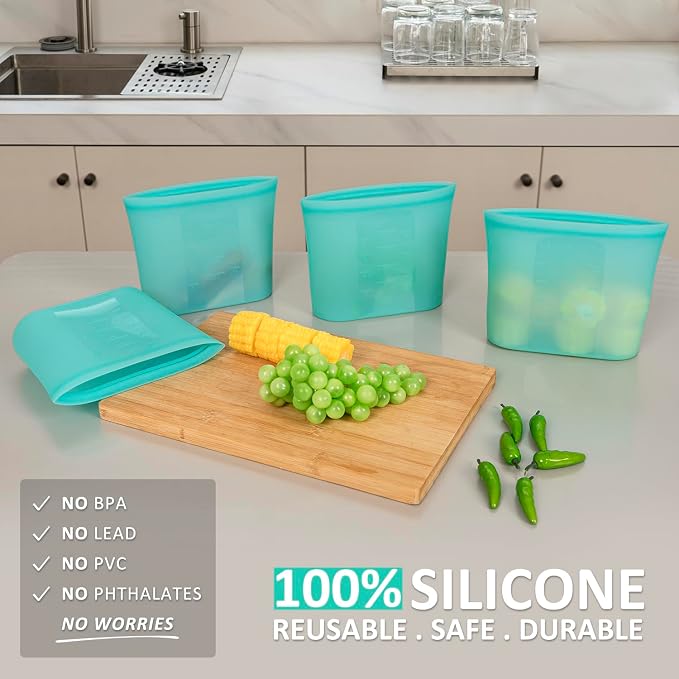 Reusable Freezer Bags Quart Size, 4 Pack, 100% Silicone Stand Up Ziplock Reusable Silicone Food Storage Bags Sandwich Bags Containers, Freezer Microwave Oven Dishwasher Safe, Aqua, 33.8fl.oz - Image 2