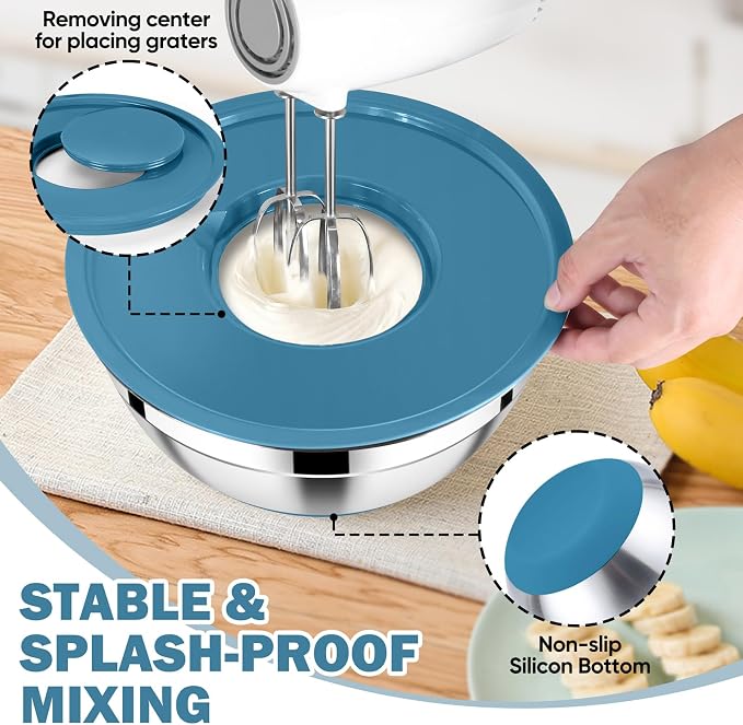 E-far 25PCS Mixing Bowls with Lid Set, Stainless Steel Nesting Prep Bowls with Grater Attachments Non-Slip Bottoms for Cooking, Baking, Serving, Food Storage, 4.6/2.6/2/1.5/1/0.7QT - Blue - Image 4