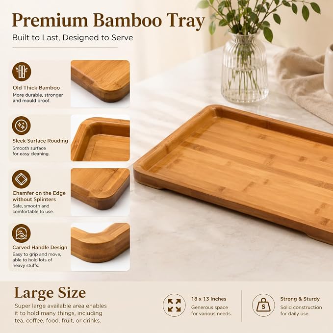 Bamber Large Bamboo Serving Tray Decorative Coffee Tea Platter 18 x 13 x 1.2 Inches - Image 4