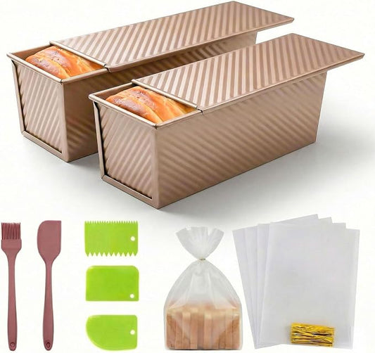 2 Pack Pullman Loaf Pan with Lid - 2.2LB Non-Stick Bread Pan, Carbon Steel Square Toast Mold with Silicone Spatula & Oil Brush, Baking Kit for Homemade Sandwich & Sourdough, Housewarming Gifts by HiWelcometoMCIAONE