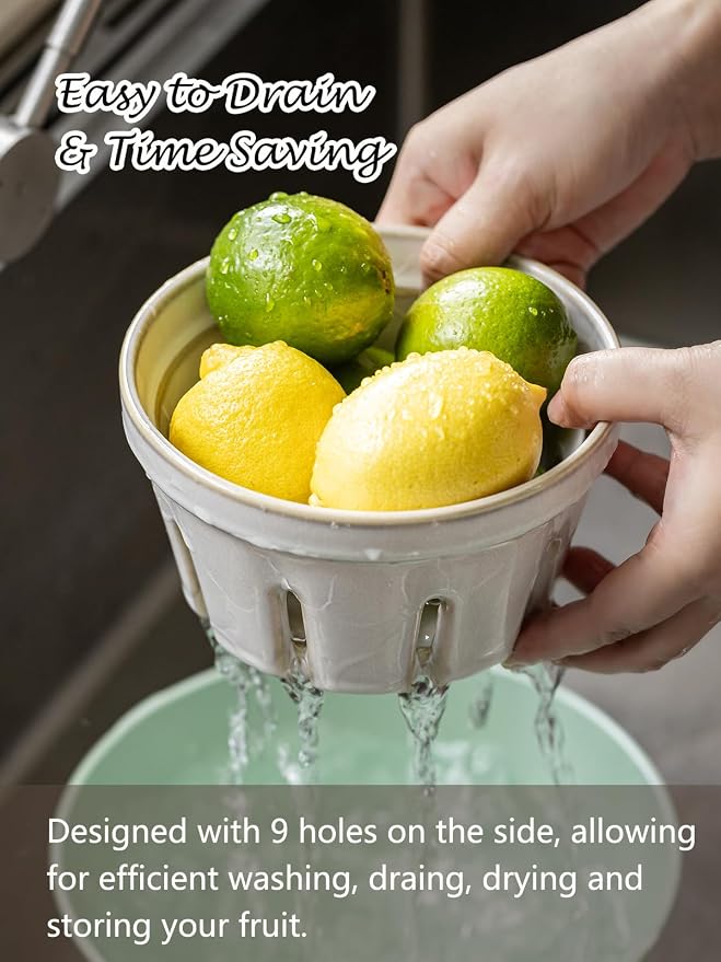 Gomakren Ceramic Berry Basket Set of 2, Fruit Bowl Colanders 5.8 Inch White | Drain Holes Keep Berries Fresh, Stackable Space-Saving, Dishwasher Safe, Versatile Fruit Serving & Farmhouse Kitchen Decor - Image 3