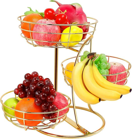Livabber Fruit Basket Bowl with Banana Hanger, Fruit Vegetable Storage Basket with Banana Tree Holder for Kitchen Counter, Detachable Organizer for Bread Snack Produce (Gold, 3-Tier Metal Base) by Livabber