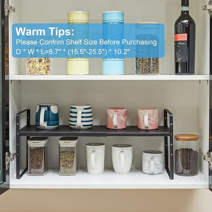 15.5 to 25.5 Inch Expandable Kitchen Cabinet Organizer Shelf, 2 Pack 30 LBS Heavy Duty Adjustable Kitchen Counter Storage Shelves Organizers,Stackable Small Storage Shelf Rack For Cabinet Cupboard - Image 7
