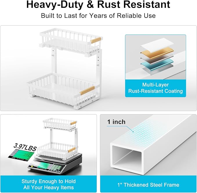 2 Pack Under Sink Organizer, Pull Out Cabinet Organizers, Adjustable Height 2-Tier Metal Slide Out Shelf for Bathroom Under Counter Storage, Kitchen Pantry Laundry Organization Rack, White - Image 8