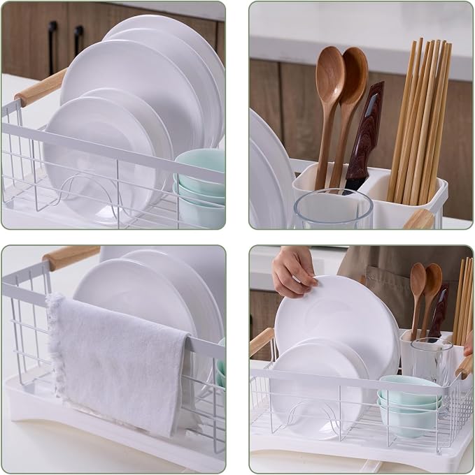Dish Drainer Rack - Plate, Cutlery, Pots, and Pans Drying Rack for Kitchen with Beechwood Handles - Modern Retro Design Drip Tray with Metal Rack - White - Image 8