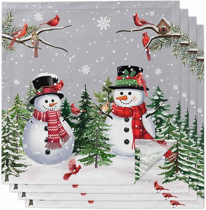 Grey Snowman Christmas Cloth Napkins, Washable and Reusable Dinner Napkins Set of 4, Xmas Tree Snowflake Winter Birds Table Napkin for Kitchen Party Birthday Wedding Hotel Housewarming 20''x20'' by Unknown