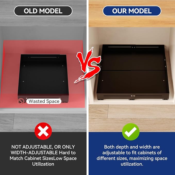 Pull out Cabinet Organizer, Full Metal Expandable Width (12.6"-20.8") & Depth (16"-24.4") Adjustable Slide out Drawers, No Drill Adhesive Roll out Shelves for Kitchen Pantry, Black - Image 3