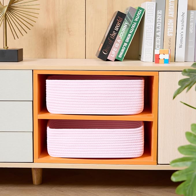 MiniArk Large Shallow Organizing Baskets 15x11x5.1 Inches - Rope Woven Storage Bins for Bathroom, Shelves, Cube Closet, Light Pink 2 Packs - Image 4