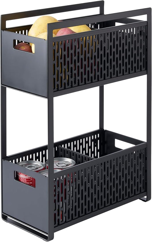 YAMAZAKI Home 2-Tier Storage Basket, Under-Sink Storage, ABS Plastic, Black | Two-tier sliding baskets organizer rack designed for pantry or under-sink storage. Sturdy organization. by Unknown