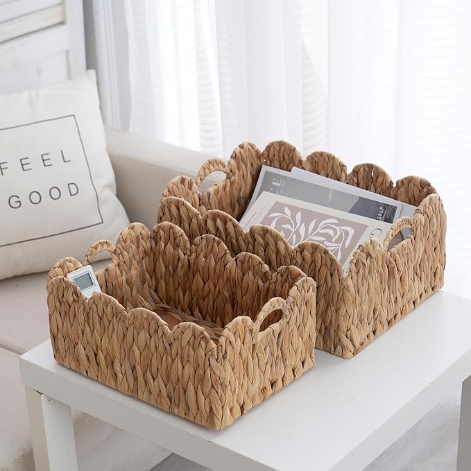 Wicker Storage Baskets with Handles, Woven Organizer, 2-Pack | 2-pack natural wicker baskets with handles in large and small sizes; woven organizers for home, kitchen and nursery storage. - Image 6