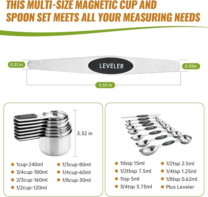 Magnetic Measuring Cups & Spoons Set of 15 | BPA Free,Heavy Duty 304 Stainless Steel,Strong N52 Magnets,Dishwasher Safe with Leveler for Baking and Cooking - Image 7