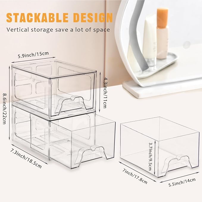 6 Pack Stackable Storage Drawers,Makeup Organizer with Pull-out Drawer | 4.4'' Tall, Acrylic Clear Plastic Storage Bins for Vanity,Pantry,Desk,Undersink,Kitchen,Bathroom - Image 2