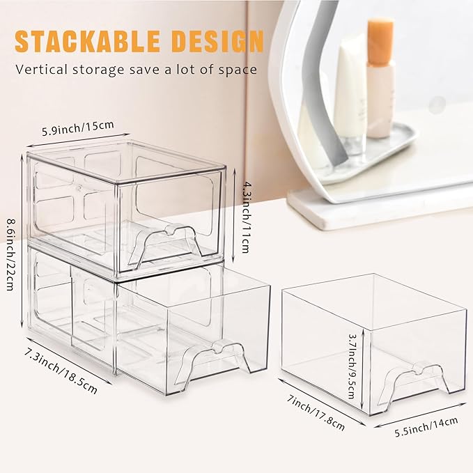 Stebopum 8 Pack Stackable Makeup Organizer, 4.4'' Tall Acrylic Bathroom Makeup Organizer and Storage Drawer with Pull-out Handle, Clear Plastic Storage Bins for Vanity,Pantry,Desk,Undersink,Kitchen - Image 2
