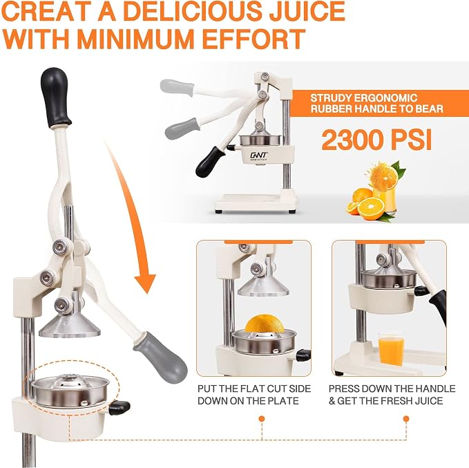 Commercial Heavy Duty Cast Iron Hand Press Manual Orange Citrus Lemon Lime Grapefruit Pomegranate Fruit Juice Squeezer Machine with Stainless Steel Cup White - Image 5
