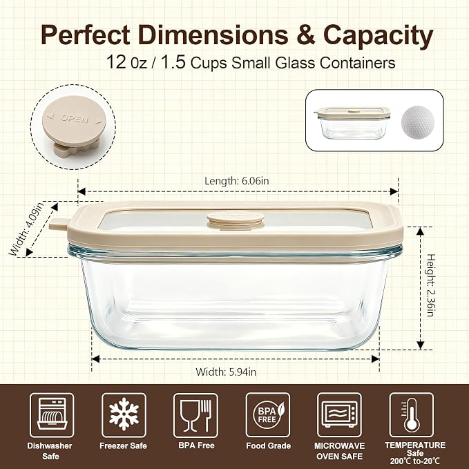 12 oz Small Glass Food Storage Containers with Glass Lids,1.5 Cup Glass Meal Prep Containers, Non Toxic Lunch Containers for Microwave, Oven, Freezer and Dishwasher Safe, 6 Pack - Image 2