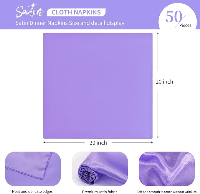50 PCS Lavender Square Satin Cloth Napkins, 20 X 20 Inch | Soft Smooth, Washable Reusable, Silk Dinner Table Napkins Bulk, for Weddings Parties Banquets Dining and Restaurants - Image 3