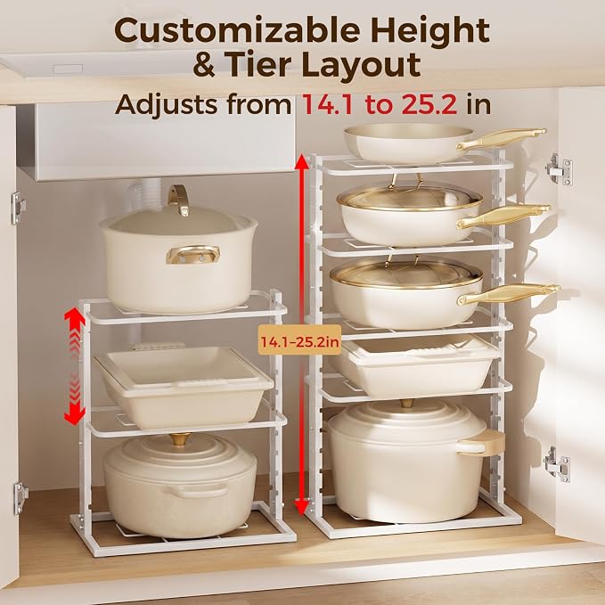 LAMU Pots and Pans Organizer Under Cabinet, 5 -Tier Dual-Pillar Design | Adjustable All-Metal Rack Stores Pots, Pans And Lids in Cabinets, on Countertops or Under Sinks, Holding Up to 55 Lb White - Image 4