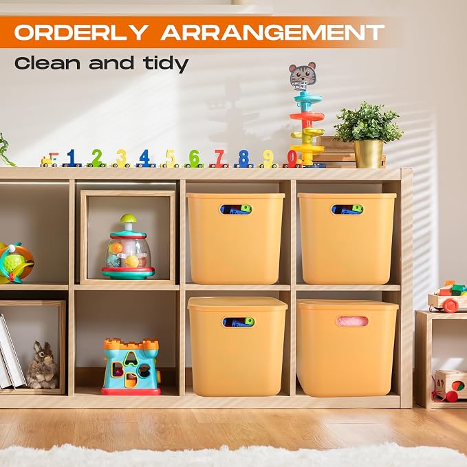 8 Pieces Colorful Storage Bins with Lid, Plastic Storage Basket Organizing Container Stackable Box with Handle for Shelves Desktop Playroom Office(14.2 x 10.2 x 9.5 Inch,Yellow) - Image 6