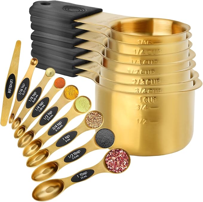 Gold Magnetic Measuring Cups & Spoons Set of 16, 7 Stainless Steel Measuring Cups, 8 Double-Sided Measuring Spoons & 1 Leveler, Premium Finish Baking Tools Kitchen Gadget for Dry & Liquid Ingredients by Unknown