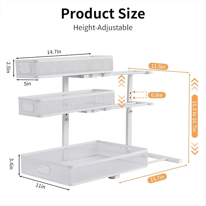 3 Tier Mesh Pull Out Organizer White 2 Pack Sliding Rack | White mesh dual pack organizers for clean modern cabinet storage in bathroom and kitchen daily use organization - Image 3