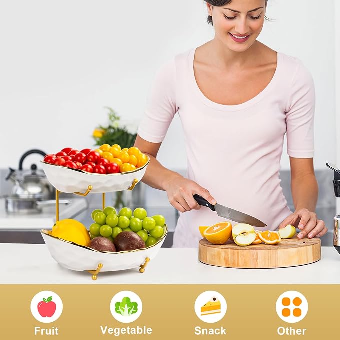 Fruit Bowl for Kitchen Counter - Two Tier Ceramic Fruit Basket, Fruit Holder for Fresh Fruit&Veggies, Modern Tiered Fruit Platter Serving Trays for Party - Image 6