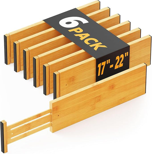 SpaceAid Bamboo Dresser Drawer Dividers 6 Pack, 4.65“ High Adjustable 17“-22” Drawer Organizers, Expandable Organization for Clothing, Clothes, Dressers, Natural by SpaceAid