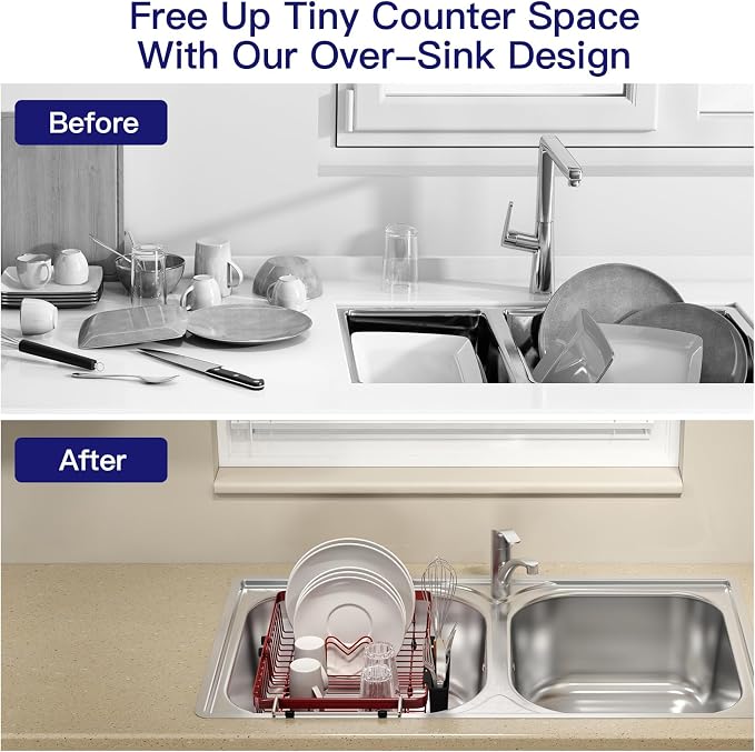 Red Dish Drying Rack Over The Sink with Utensil Holder | Expandable Stainless Steel Dish Drainer for Small Kitchen, Apartment, RV, Counter Space Saving, Perfect Fit, Rustproof - Image 2