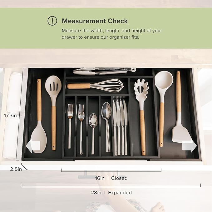 Silverware & Utensil Drawer Organizer, 16-28 in, Black Bamboo | Cutlery, flatware, food-safe contract grade, kitchen drawer fit - Image 4