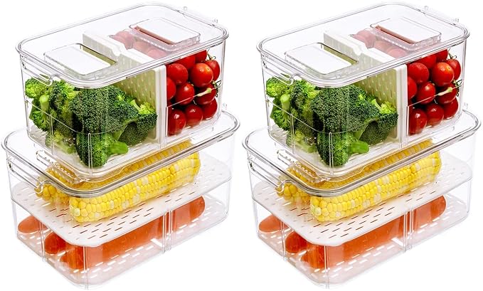 SANNO Fridge Produce Saver Storage Vegetable Fruit Containers Food Produce Saver Container Stackable Refrigerator Organizer Bins Fresh Keeper Drawers Organizer, Set of 4 - Image 4