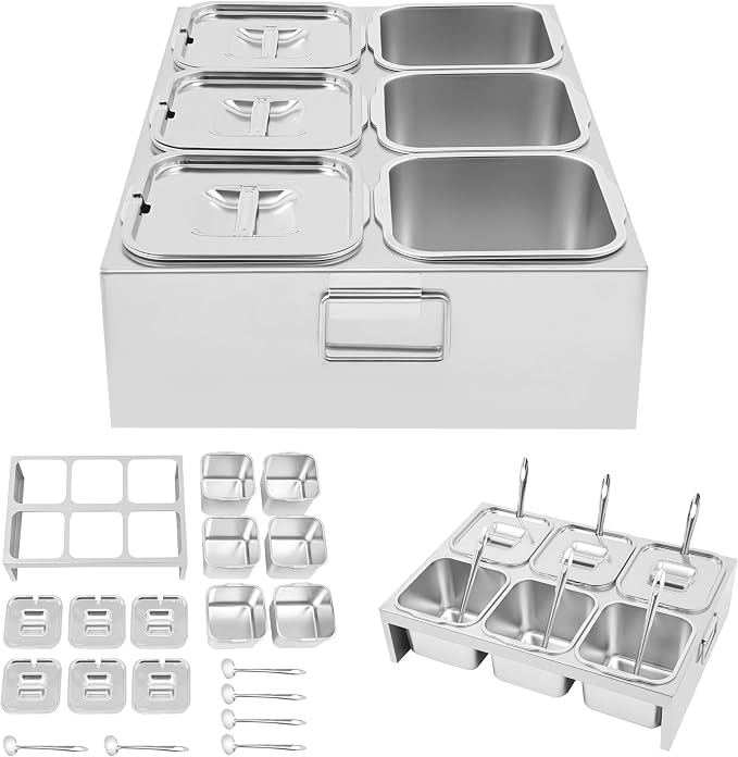 Pizza Topping Station Condiment Container Food Prep Ingredients Holder | Stainless Steel Container Set Spice Rack with 6 Pans& Lids&6* Spoons, Kitchen Restaurants Buffet Pizza Oven Accessories - Image 8