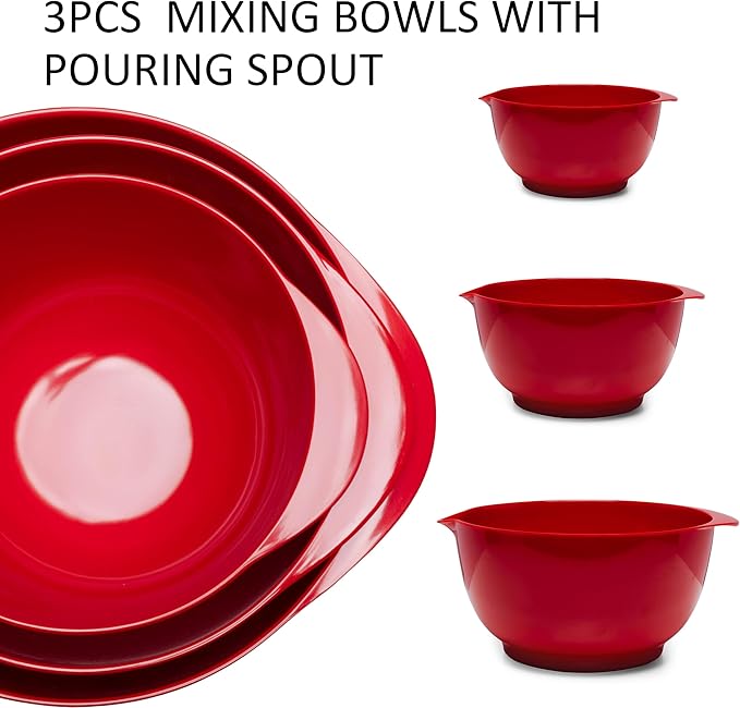 Mixing Bowls Set, 3 Piece Melamine Nesting Bowls with Pour Spout, Non-Slip Base, Great for Prepping, Baking, Mixing Cooking, BPA free and Dishwasher Safe, Red - Image 2
