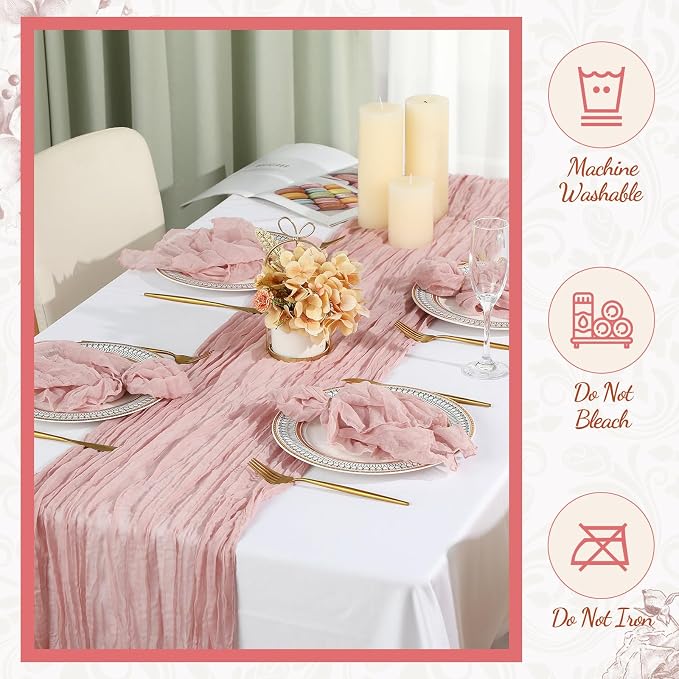 2 Cheesecloth Table Runners and 24 Napkins Set, 10Ft Boho Cheese Cloth Table Runners 20 x 20 Inch Rustic Wrinkled Gauze Napkins for Wedding Birthday Baby Shower Party Decor (Dusty Pink) - Image 5