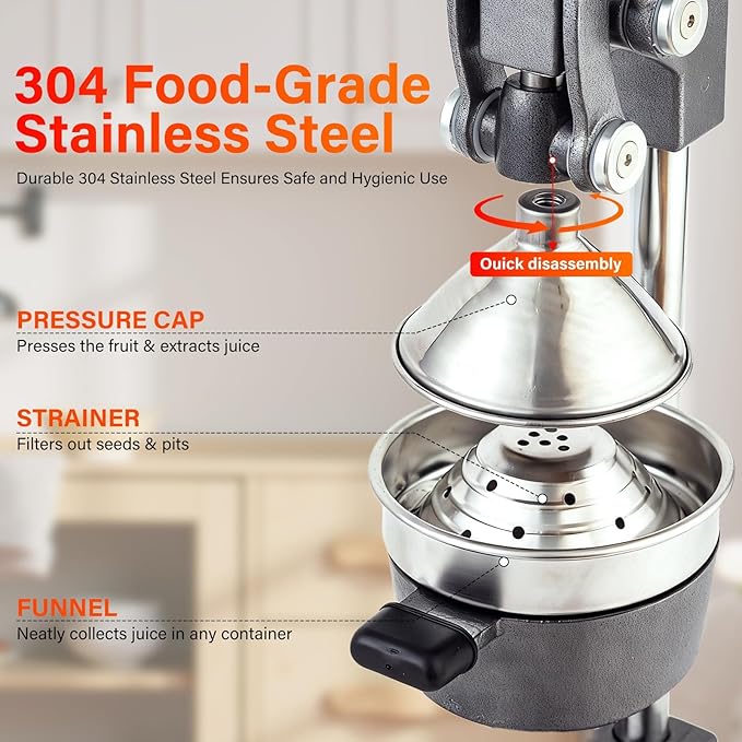 Manual Cast Iron Juicer, Gray Lemon Citrus Squeezer | Detachable Cone, Free Stainless Steel Cup, Extracts Juice from Lemons, Oranges and Grapefruits, Easy to Clean - Image 4