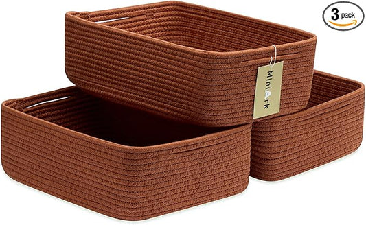 MiniArk Large Shallow Organizing Baskets 15x11x5.1 Inches - Rope Woven Storage Bins for Bathroom, Shelves, Cube Closet, Red 3 Packs by MiniArkStorageBasketsHome