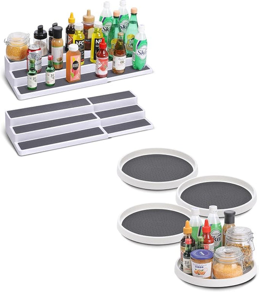 2 Pack 3 Tier Expandable Spice Rack Organizer, Set of 4, 12 Inch Non-Skid Lazy Susan Organizer for Cabinet, Pantry Organization, Kitchen Storage, Bathroom Sink Cabinet, Refrigerator, Spice Rack by CiWiVOKi
