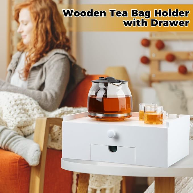 Cinnvoice Tea Bag Organizer Wood Tea Organizer Storage Box 8 Compartments Container Holder with Lid to Storage and Keep Fresh(White) - Image 5